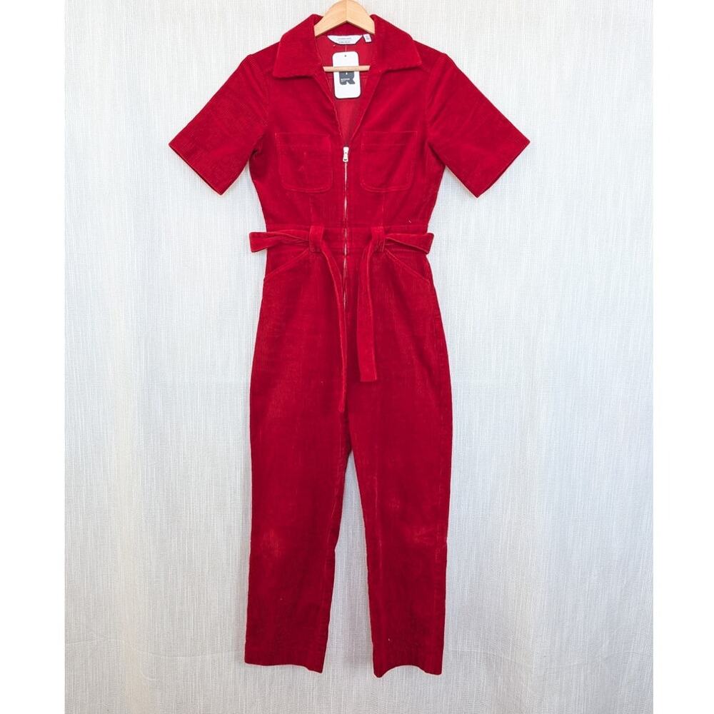 & Other Stories Corduroy Belted Jumpsuit Womens 2 Red Short Sleeve Zipper - Picture 2 of 12
